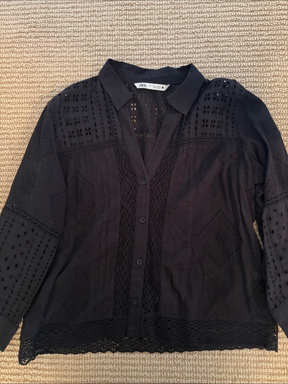 Zara Black Eyelet Embroidered Lace Button Down Shirt Button Down